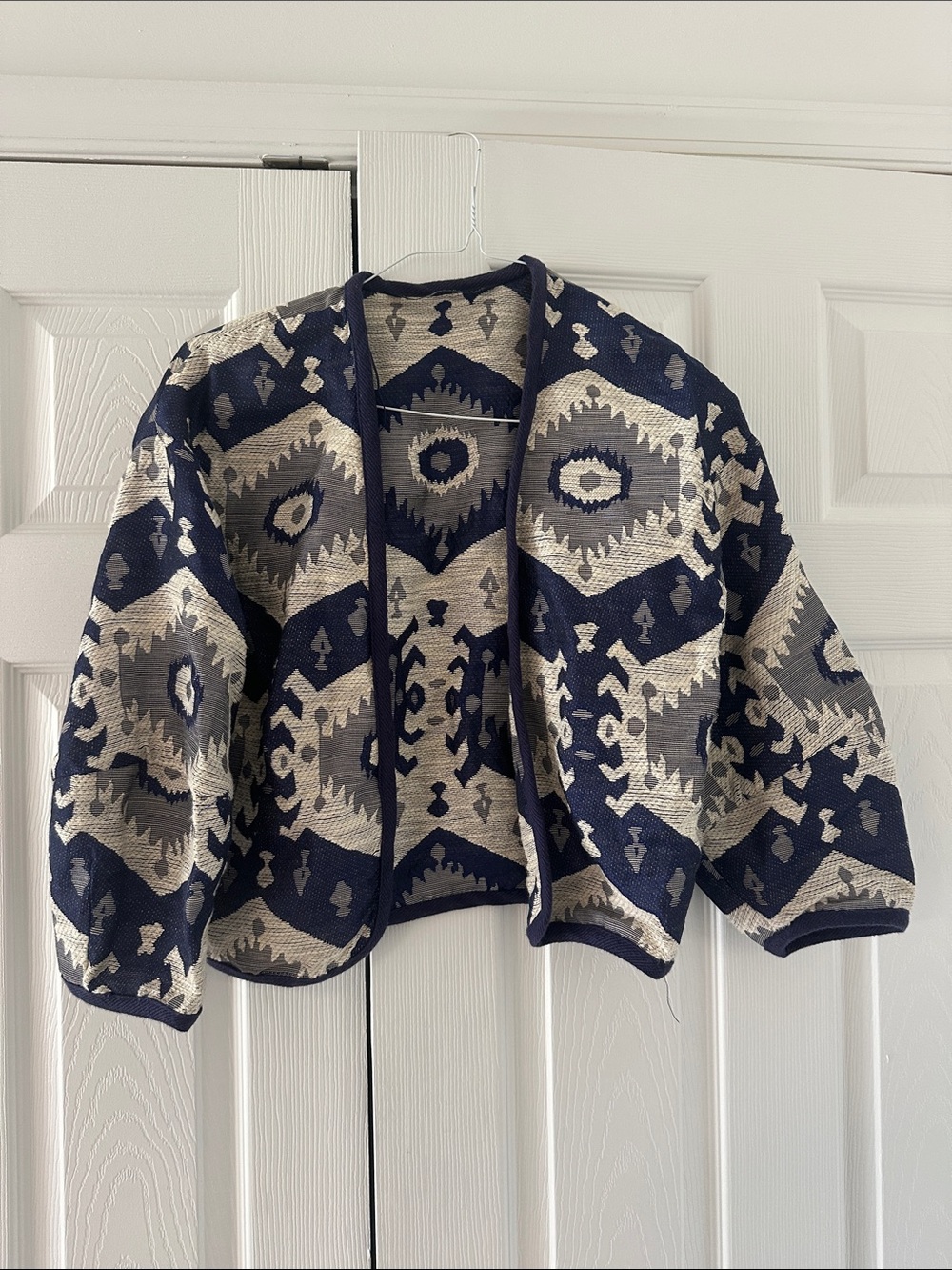 Zara Navy and Cream Boho Open Cardigan Jacket